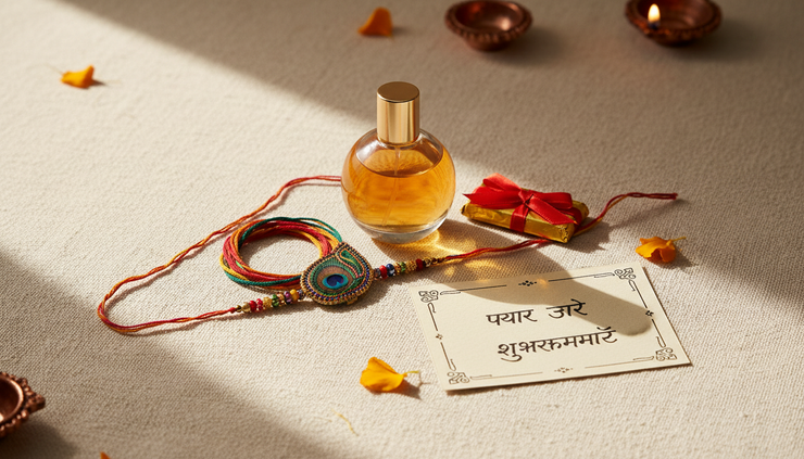 Close-up view of a Raksha Bandhan perfume hamper with a Rakhi and chocolate.