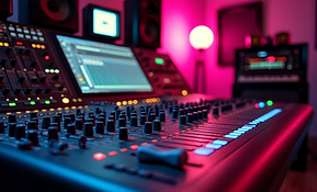 A-dynamic-shot-of-a-recording-studio-mixing-console-with-glowing-lights-and-professional-t