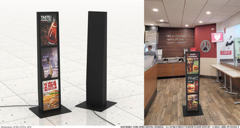 834760861 COKE ZERO DIGITAL SIGNAGE - 3 x 18 INCH MULTI SCREEN FLOOR DISPLAY - 3-2022 • AMC-RY-03345-3