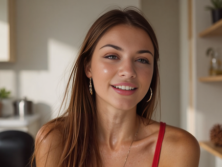 Cassies1 wearing a red tank top, posing confidently indoors with soft lighting and natural home decor.
