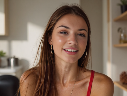 Cassies1 wearing a red tank top, posing confidently indoors with soft lighting and natural home decor.