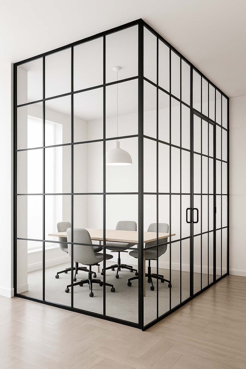 Separador de ambientes con estructura de acero y cristal laminado.