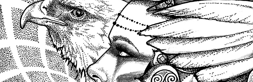 dotwork illustration of a warrior goddess womans face with a  hawk eagle bird of prey next to her