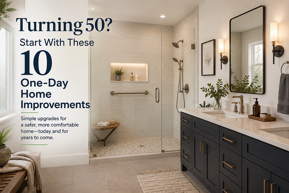 Graphic promoting 10 one-day home improvements after age 50, featuring a modern bathroom with a curbless shower, grab bar, frameless glass, and accessible design features.