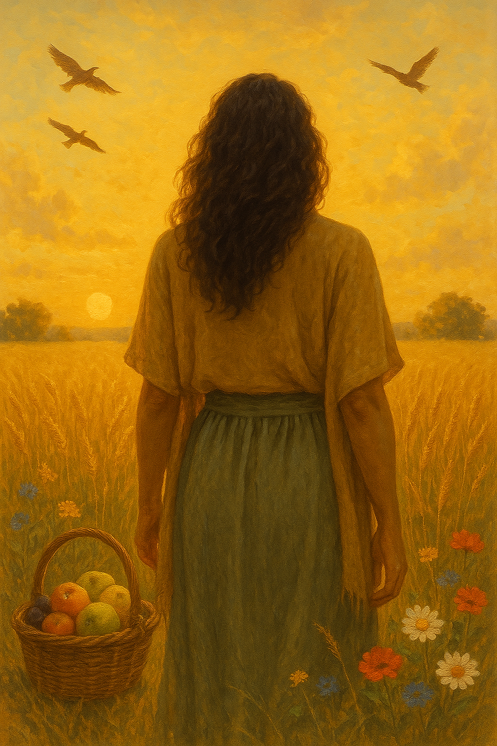 Mulher de costas em campo dourado com flores, segurando cesto de frutas. Três pássaros voam no céu alaranjado ao pôr do sol. Atmosfera serena.