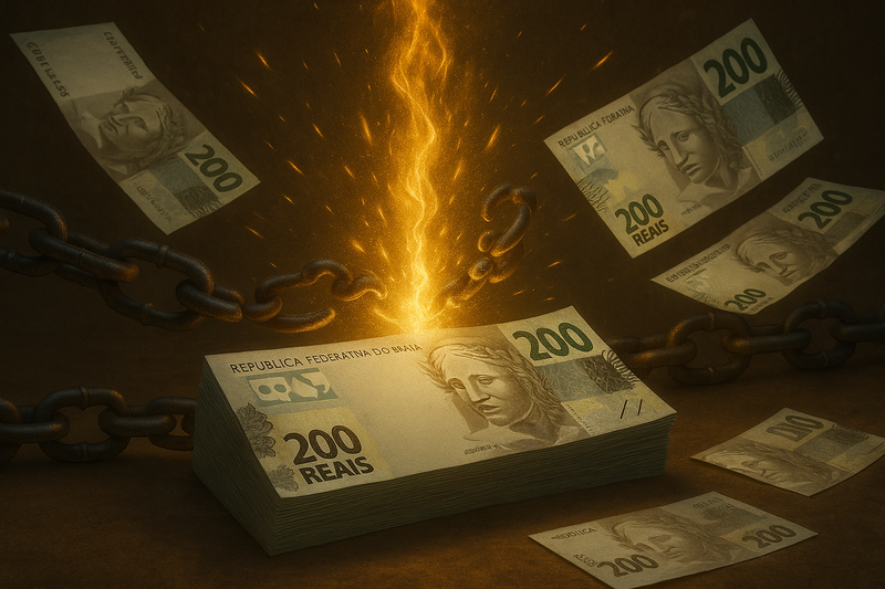 a stack of 200 reais is surrounded by chains