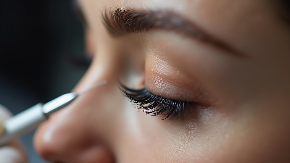 Close-up view of a skilled eyelash technician applying extensions to a client's lashes