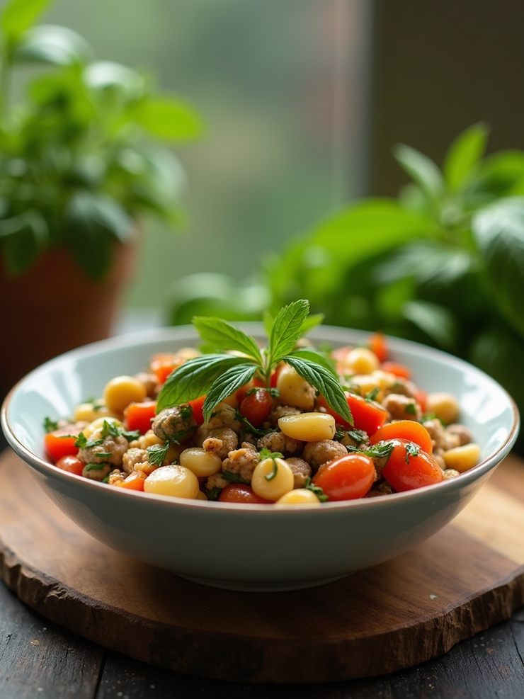 A bowl of garden-fresh organic vegetarian food with delicate herbal accents.