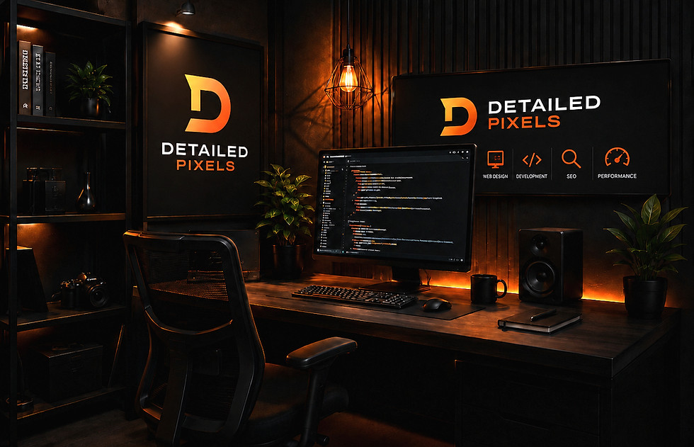 Detailed Pixels web design studio with multiple monitors and orange ambient lighting