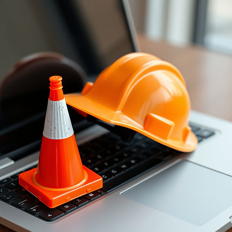 a tiny traffic cone and a hard hat sitting on top of a laptop.jpg