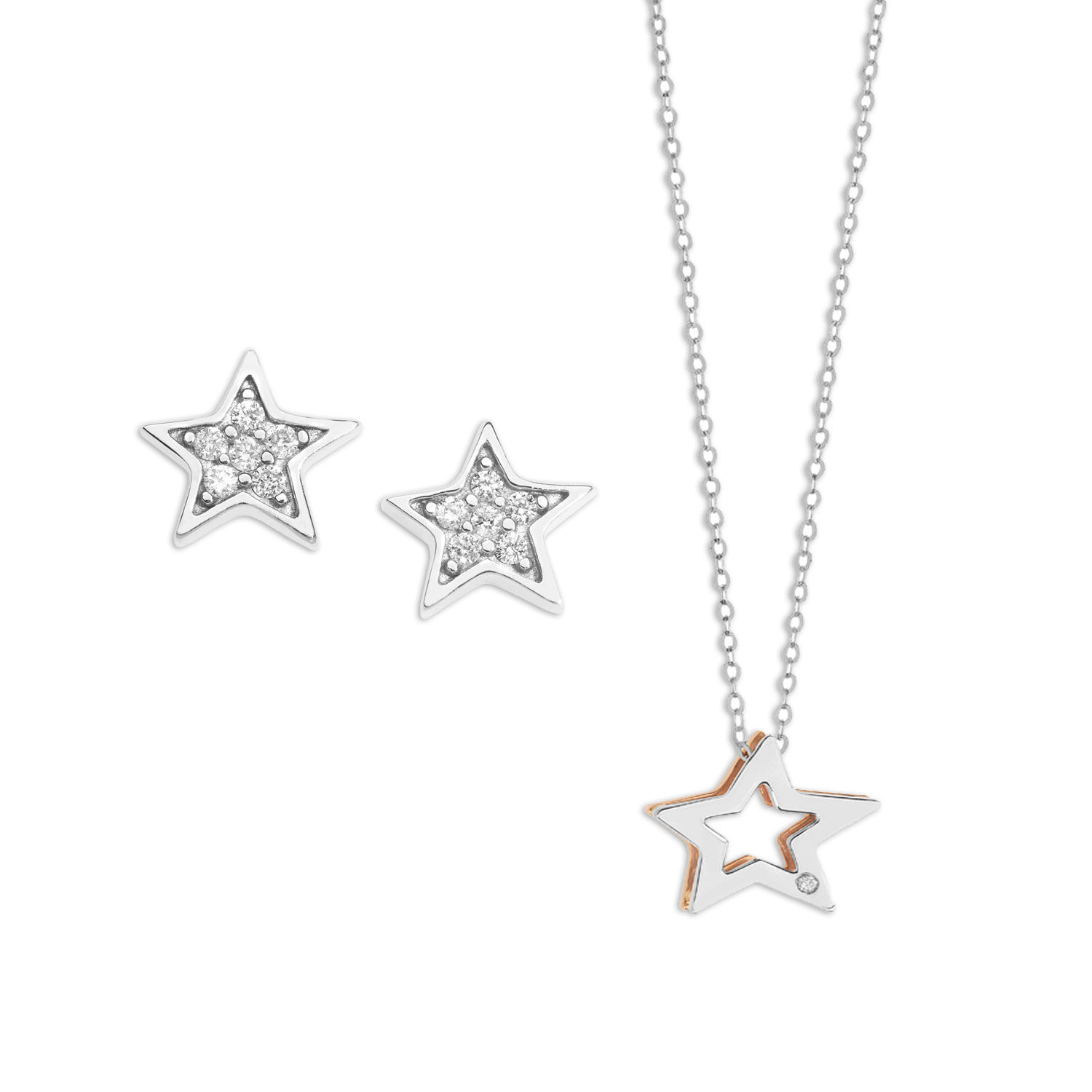 Orecchini con Girocollo in Oro bianco e rosè con Diamante Comete Gioielli