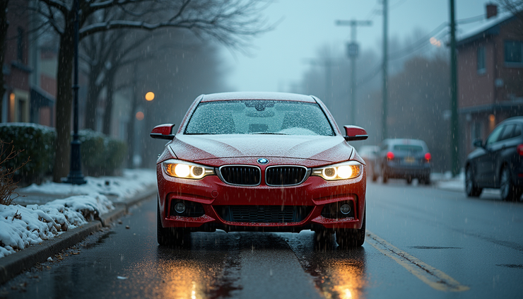 Eye-level view of a car covered in hailstones on a residential street