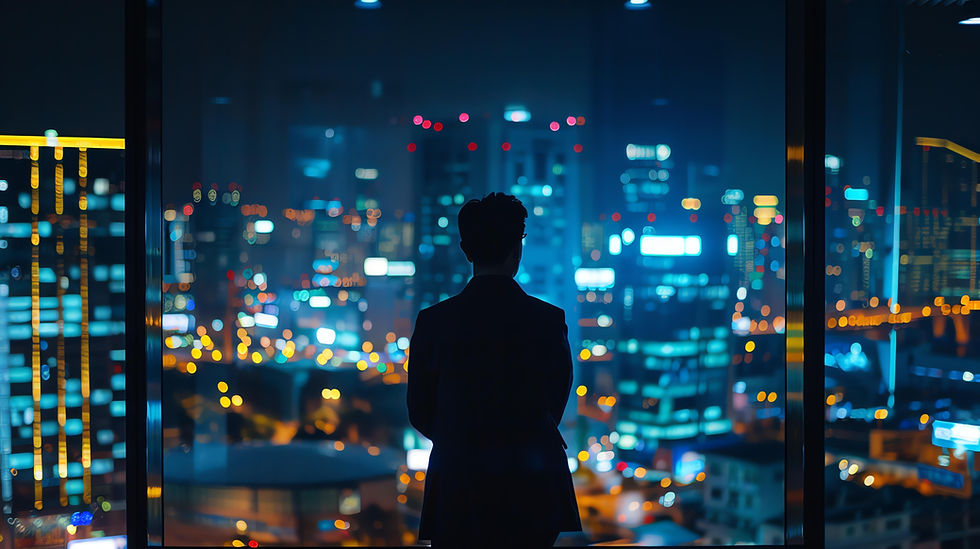 man-suit-stands-dark-room-looking-out-city-lights-he-is-alone-city-seems-stretch-out-forev