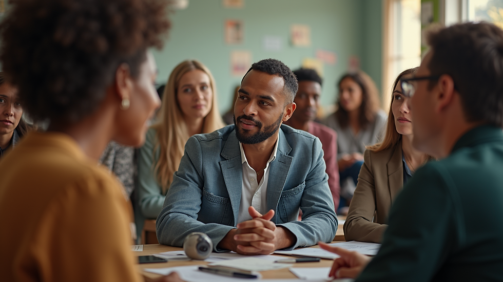 Eye-level view of a diverse group sharing ideas at a community event