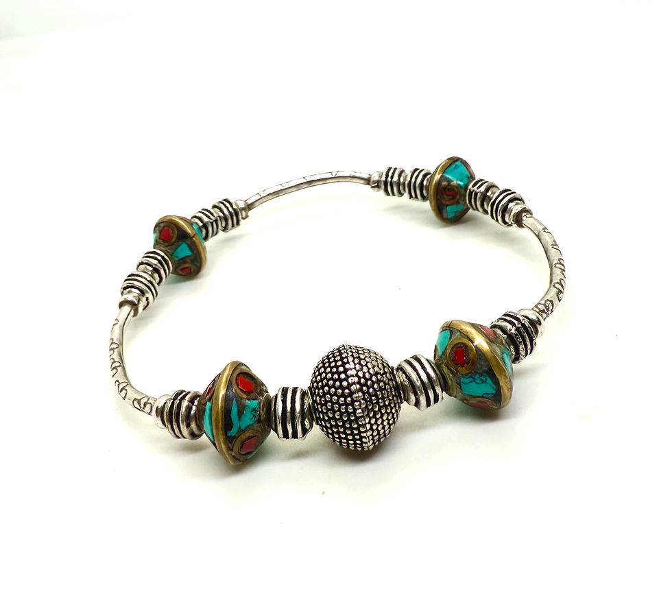 Turquoise, Coral Tibetan Beads & Thai Silver Women's Bracelet