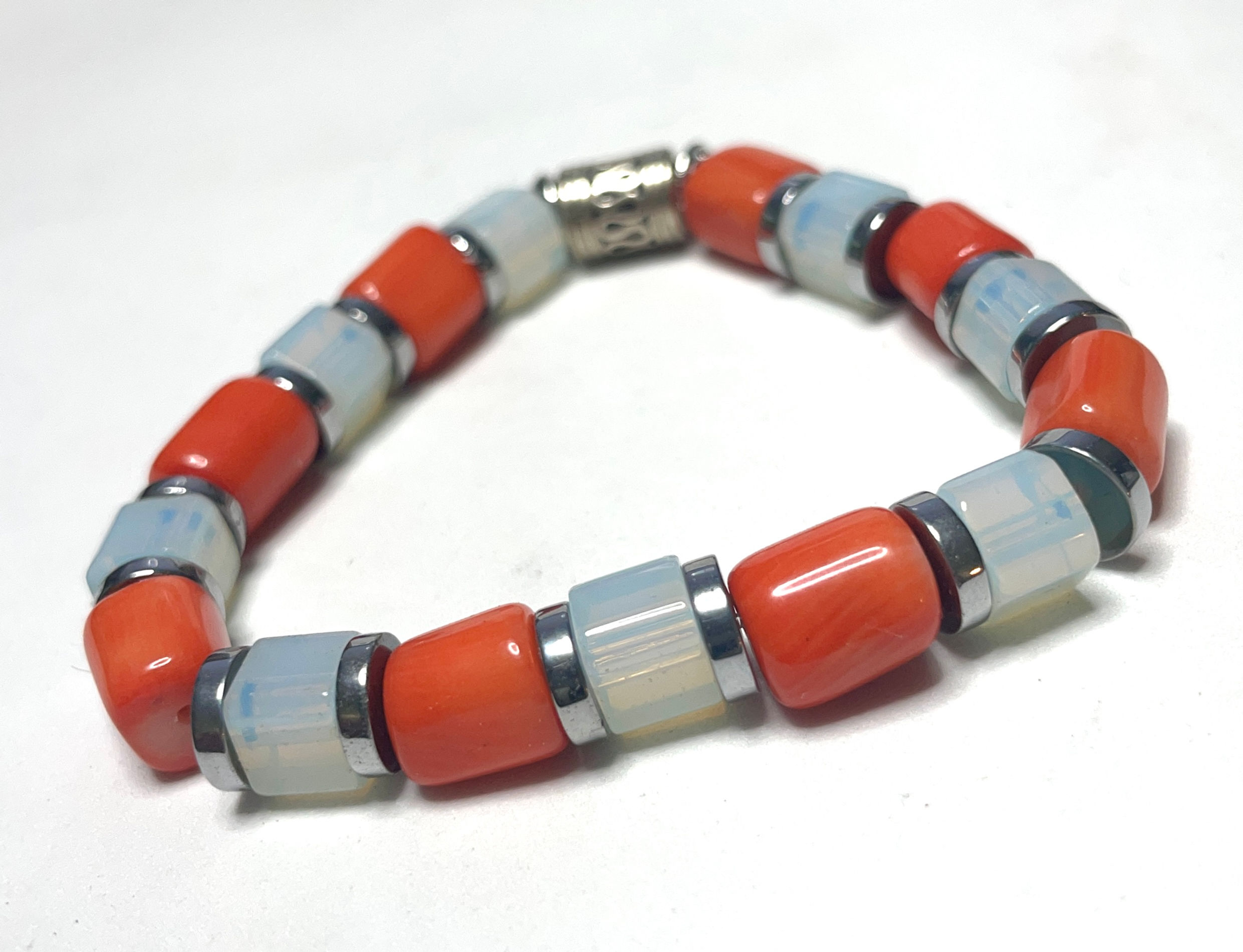 Coral & Square White Quartz Gemstones Women's Bracelet