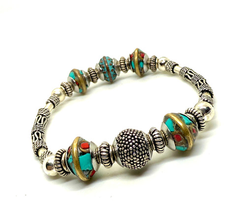 Turquoise, Coral Tibetan Beads & Silver Women's Bracelet | Byjorge