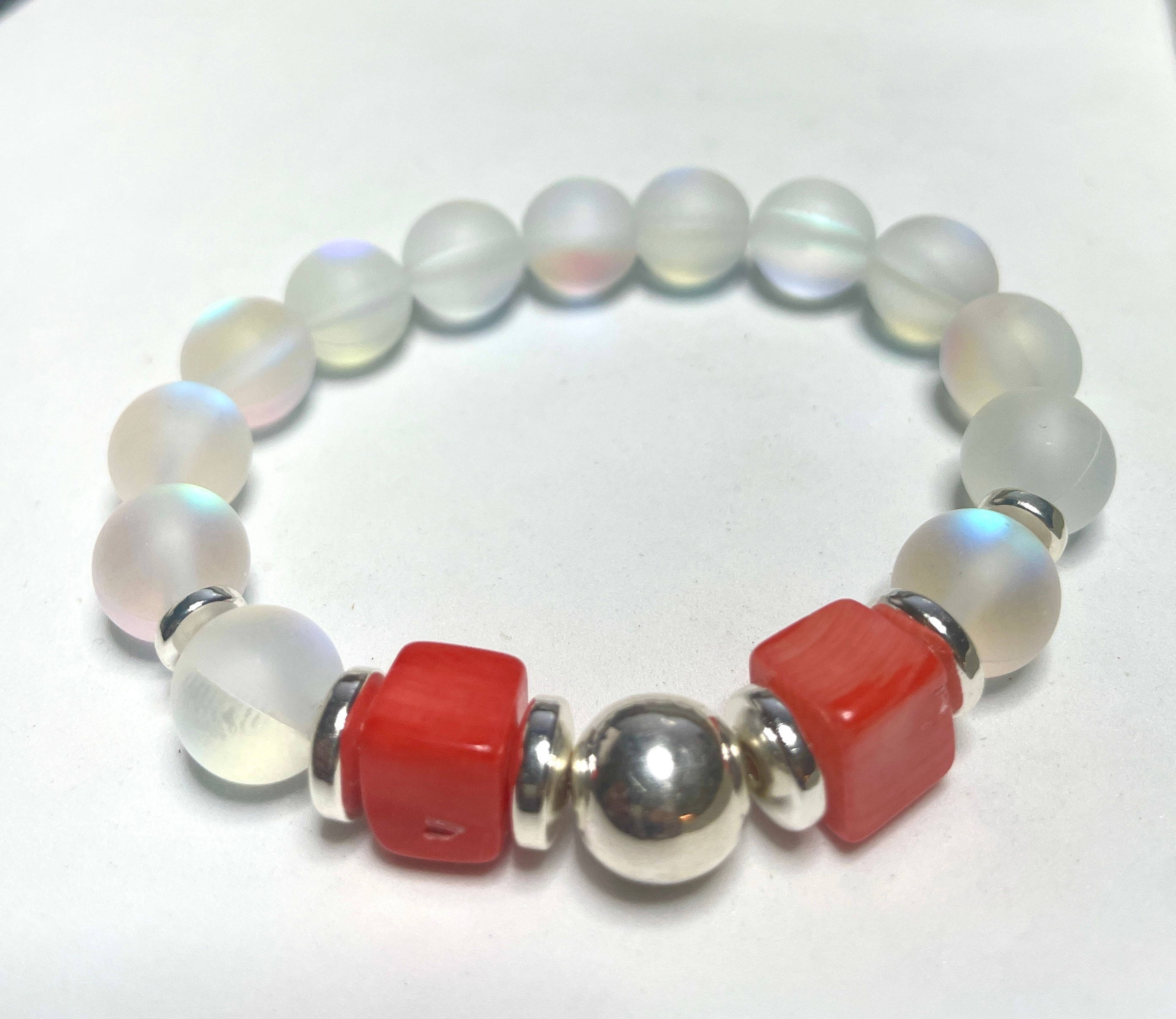 Coral, White Quartz Gemstones Women's Bracelet