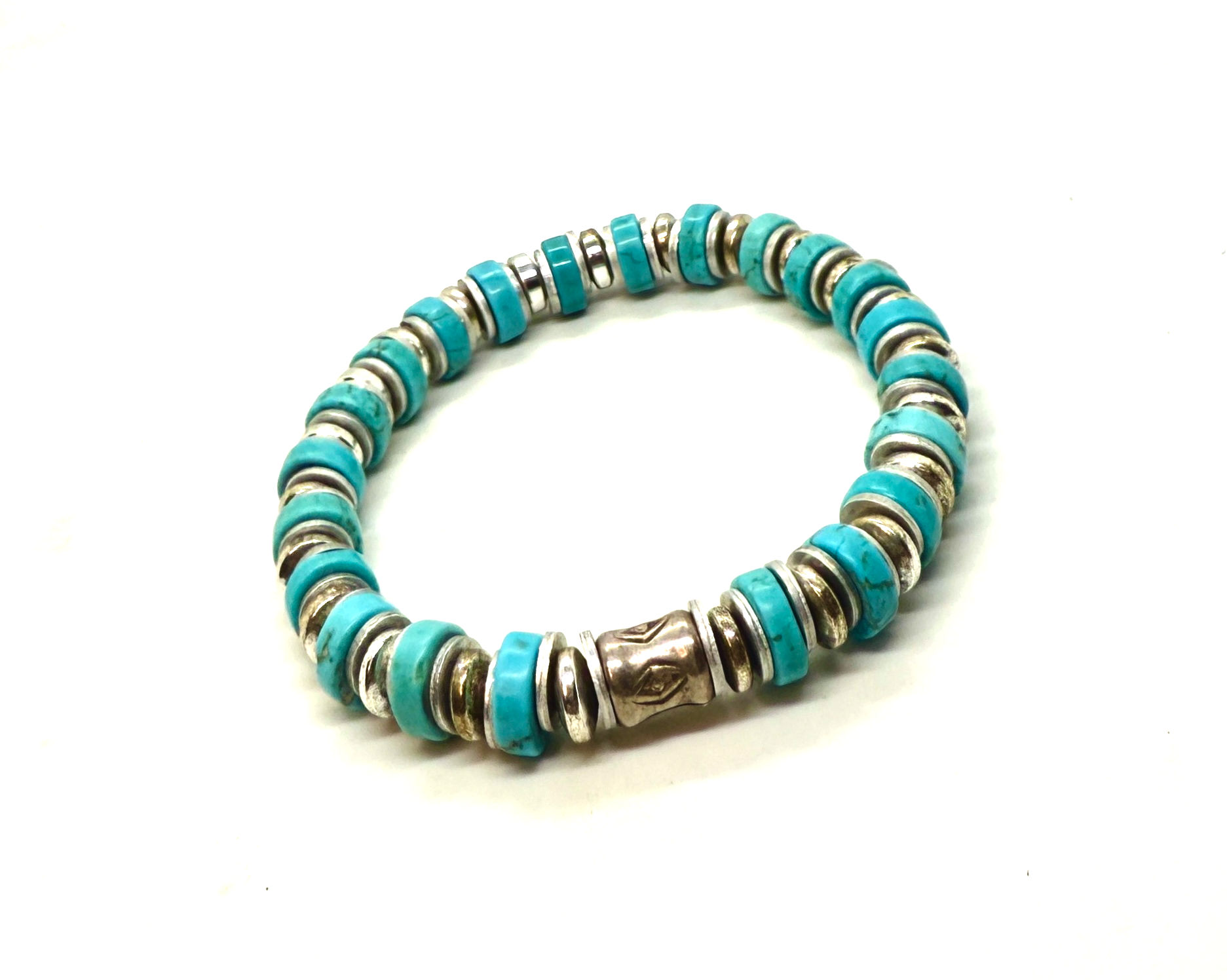 Blue Turquoise Heishi Beads & Indian Silver Women's Bracelet