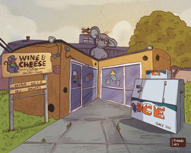 Digital illustration of an abandoned wine and cheese shop in a rural setting. The small building has a weathered yellow exterior with large blue doors, cracked walls, and faded signs. An ice vending machine sits in the foreground with the words 'ICE - Since 1888' on it. A small, whimsical sculpture resembling a mouse perches on the roof, adding a quirky touch. The shop is surrounded by overgrown grass, with soft lighting from the setting sun casting a nostalgic, tranquil mood.