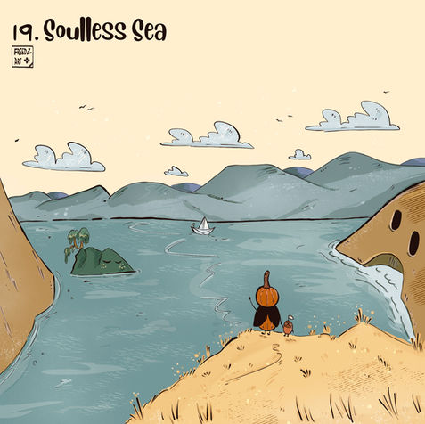 Inktober Day 19: Soulless Sea. My two original characters Pete and Francis, marveling at a calm island to the left with the willowy tree.