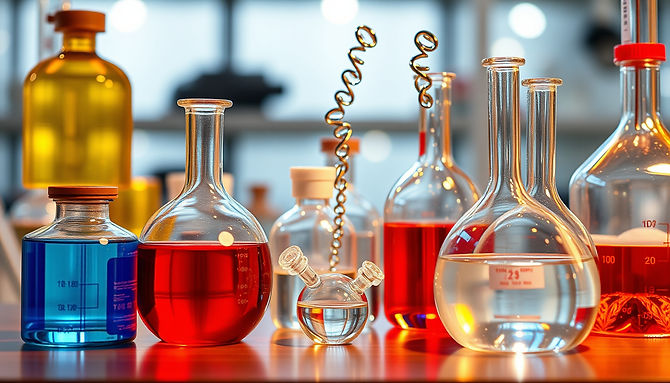 a white baground whit 5-6 chemical container and big glasswear use in IT labs and chemistr