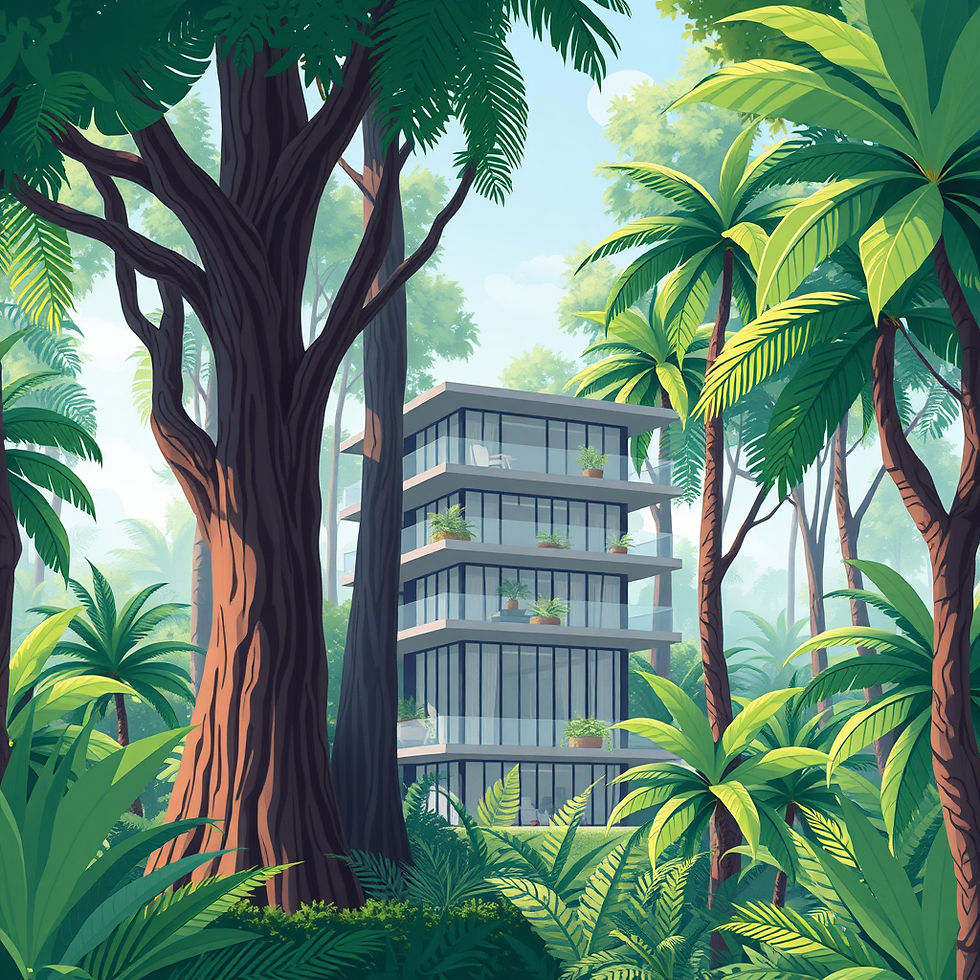 tropical forest with a modern 4 story multi use buidling nestled in between th etrees show