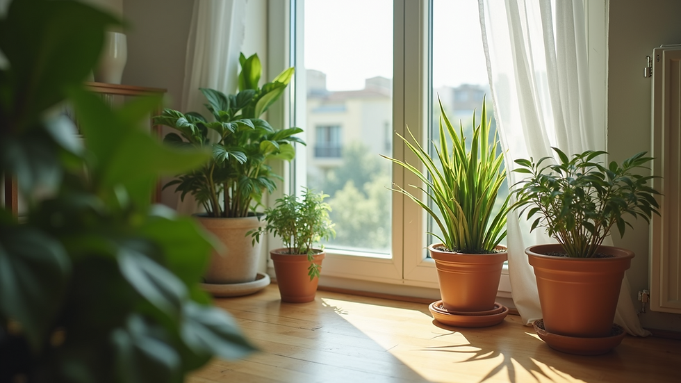 Eye-level view of a serene home environment with potted plants