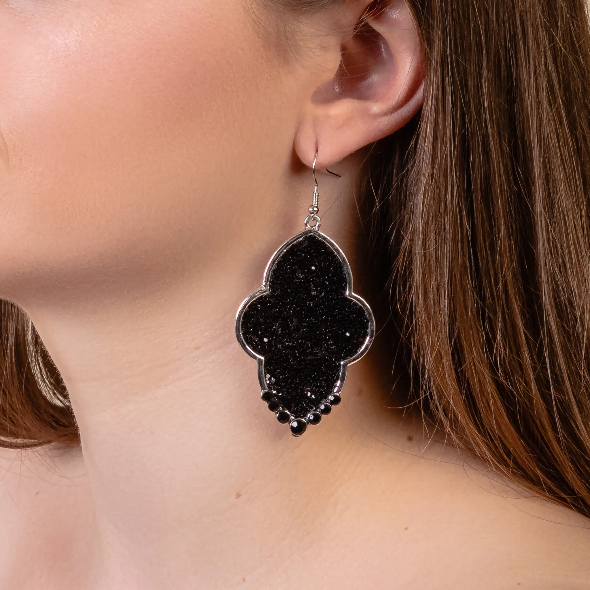 Silvertone & Black Glitter Earrings
