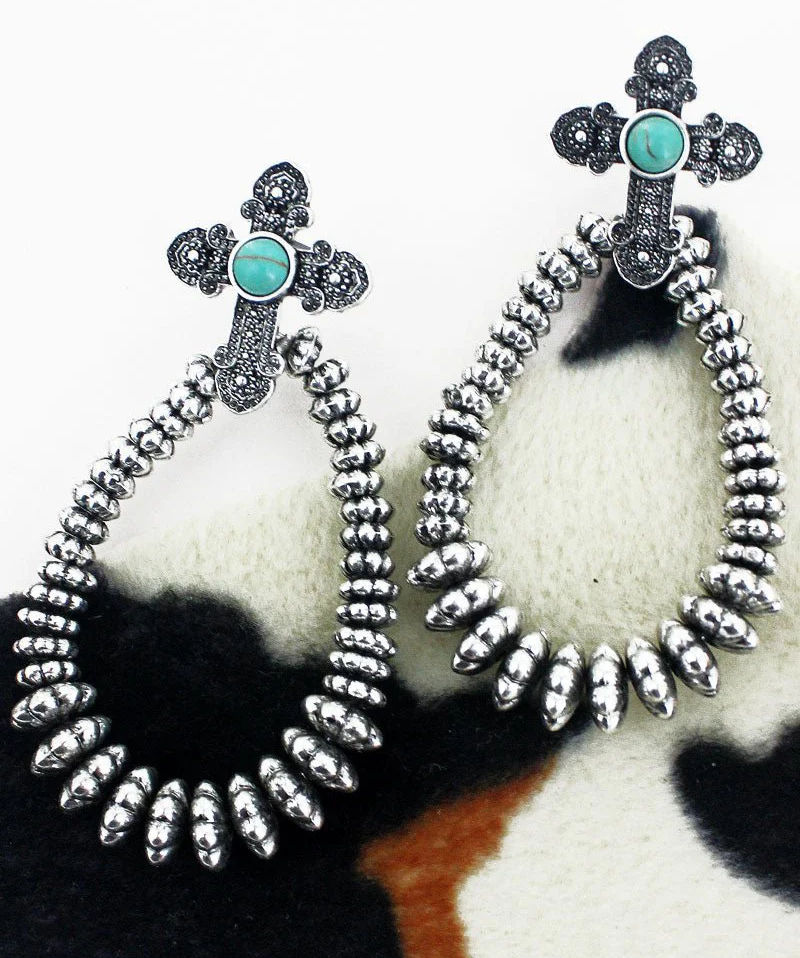 Turquoise & Silvertone Cross Teardrop Earrings