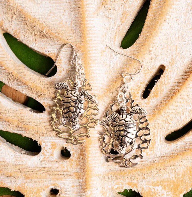 Silvertone Sea Turtle & Coral Earrings
