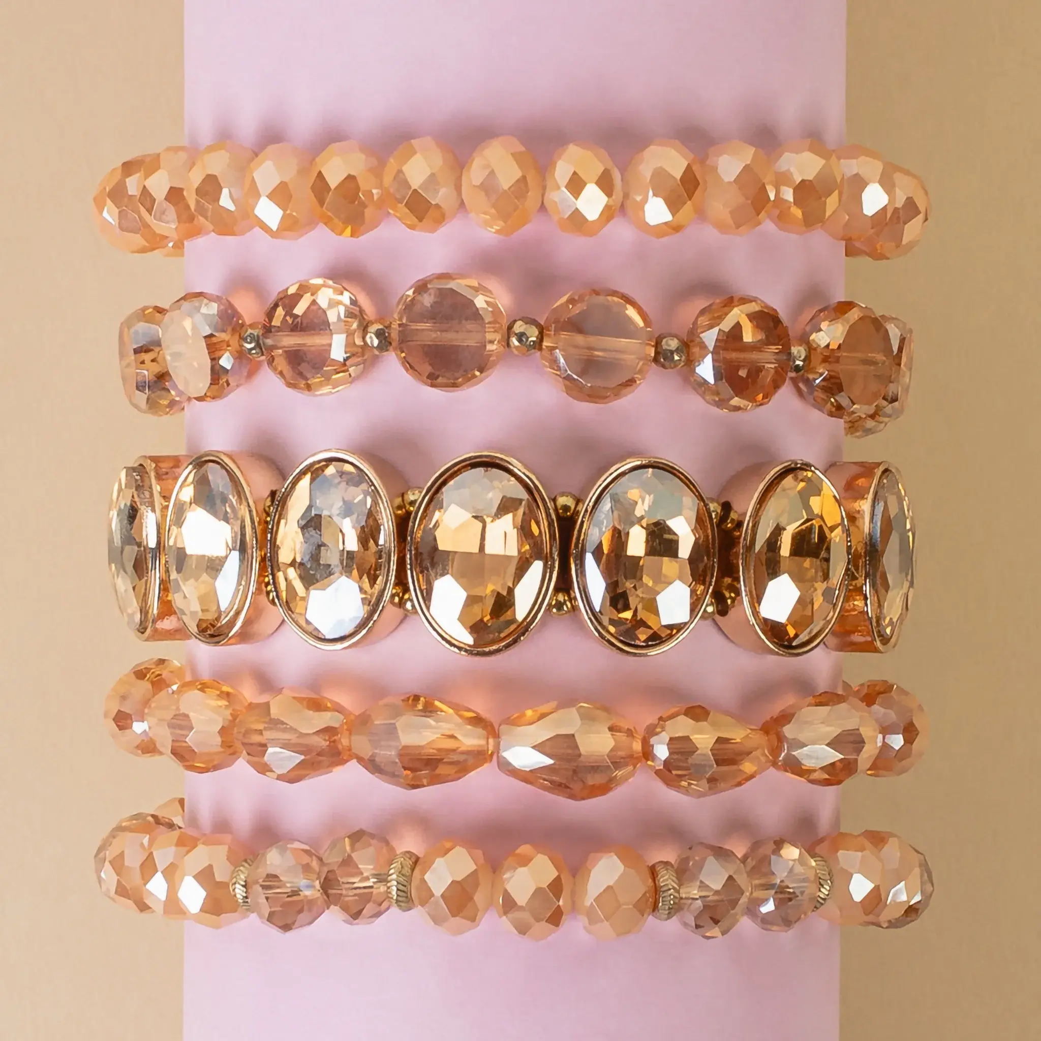 Champagne & Goldtone Beaded Bracelet Set