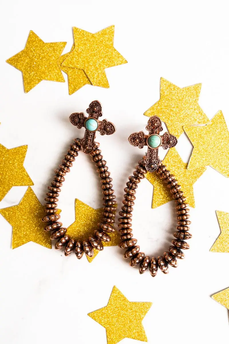 Coppertone & Turquoise Stone Cross Teardrop Earrings