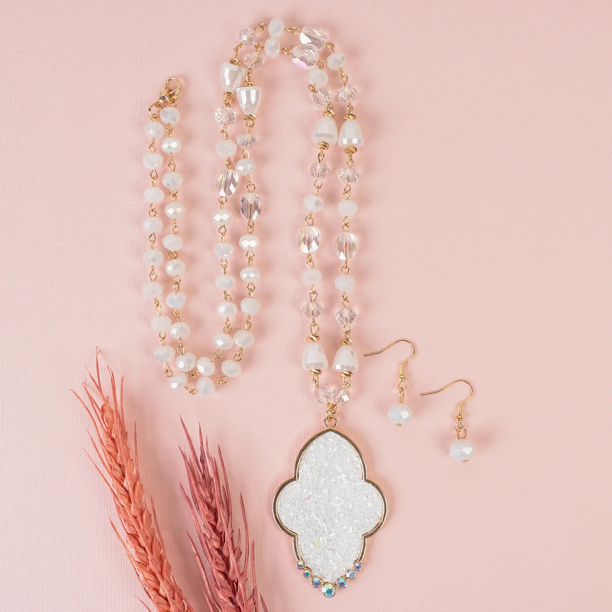 White & Goldtone Glitter Pendant Necklace & Earring Set