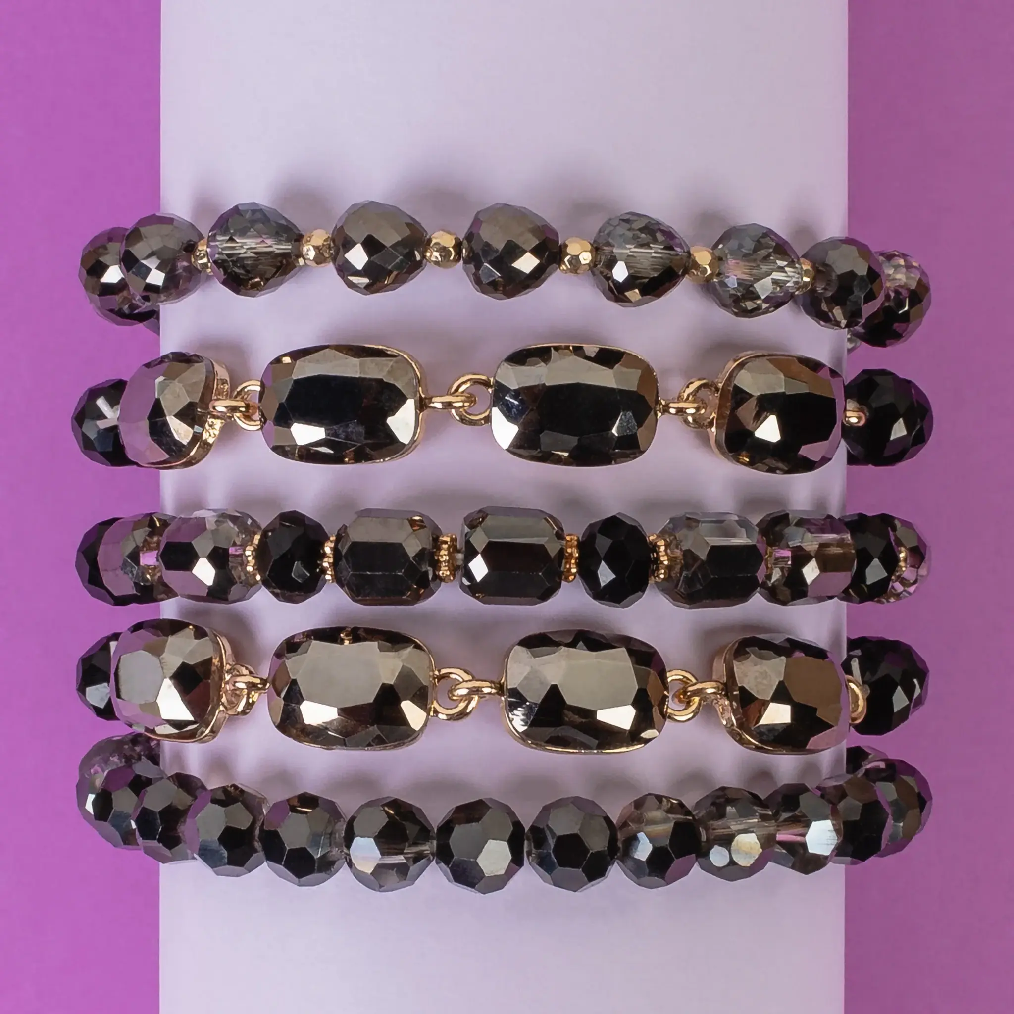 Black & Goldtone Beaded Rhinestone Bracelets