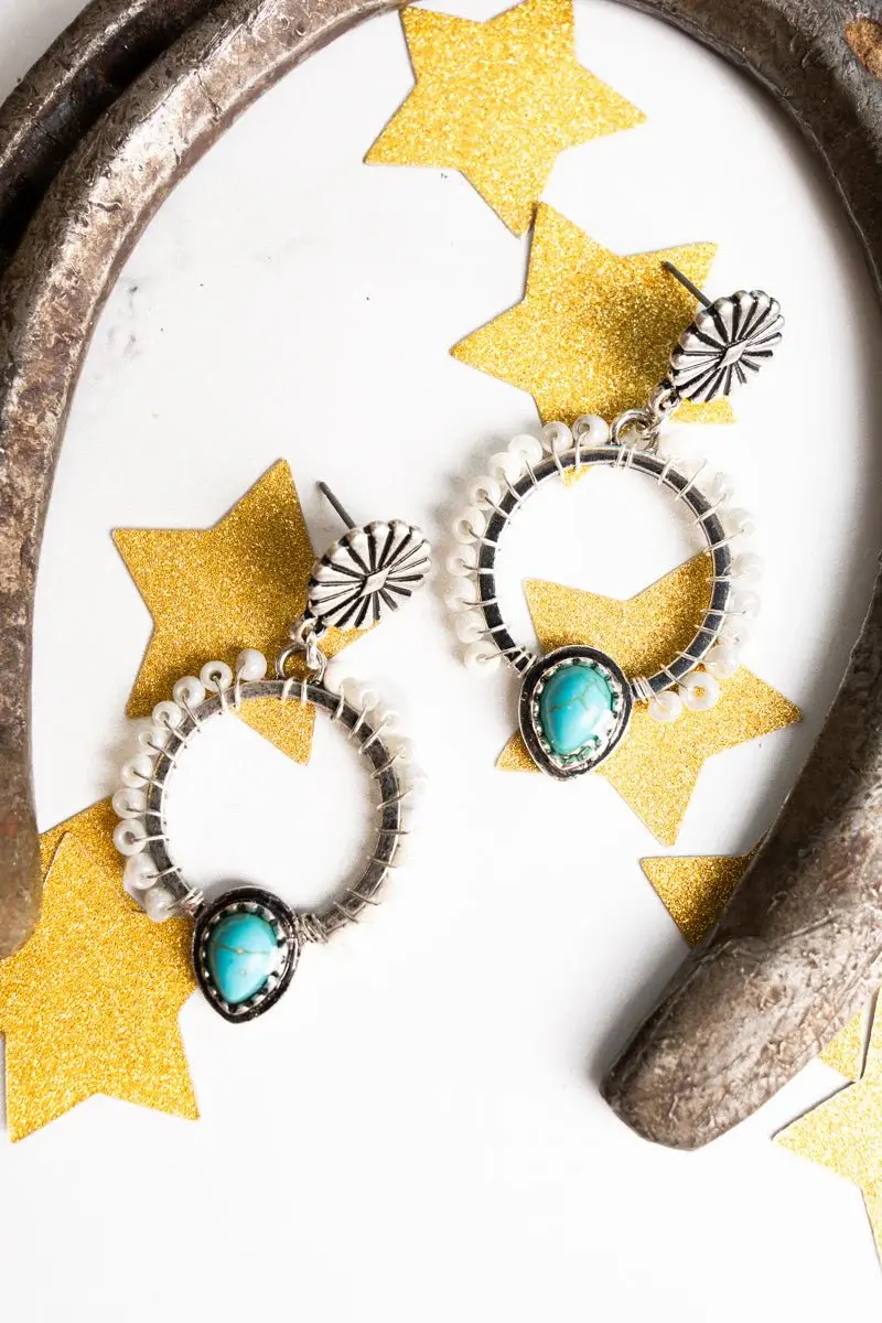 White and Turquoise Pearl Beaded Hoop Earrings