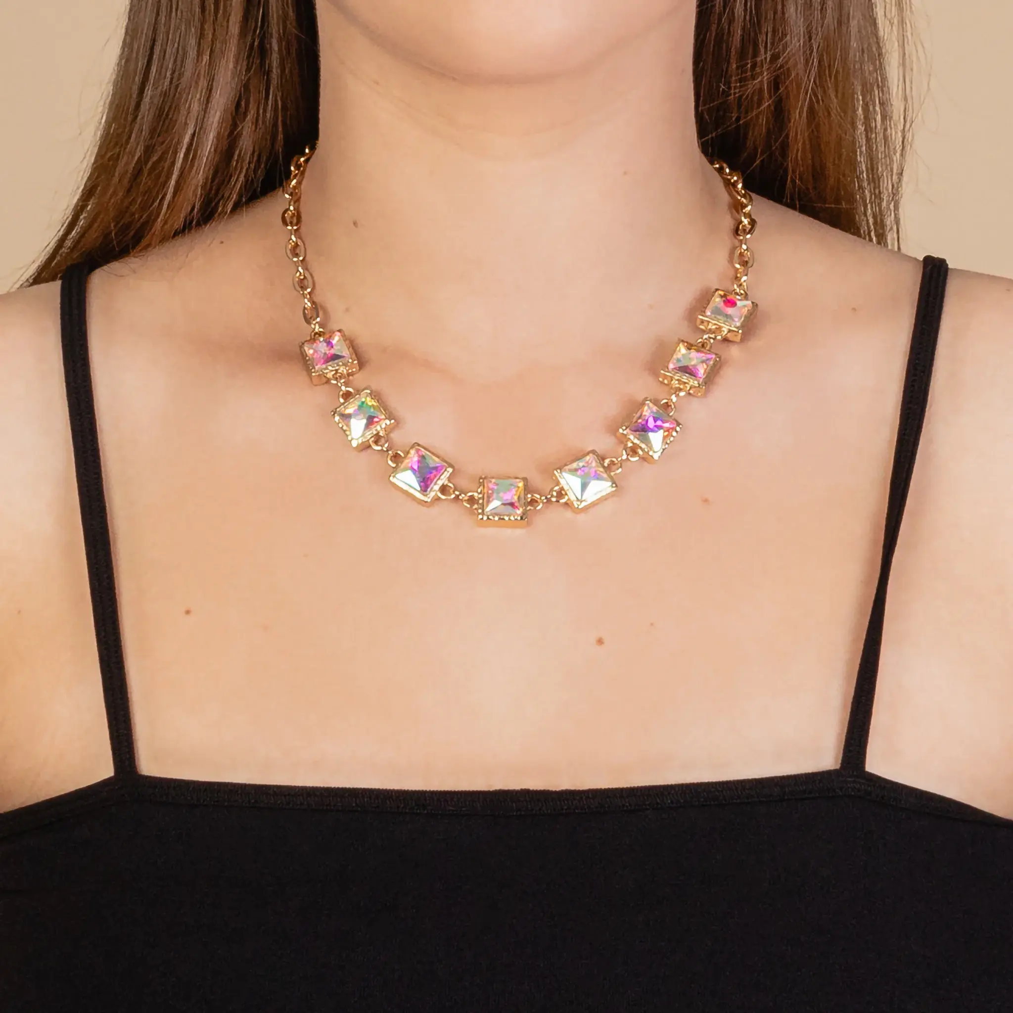 Goldtone & Square Iridescent Crystal Necklace