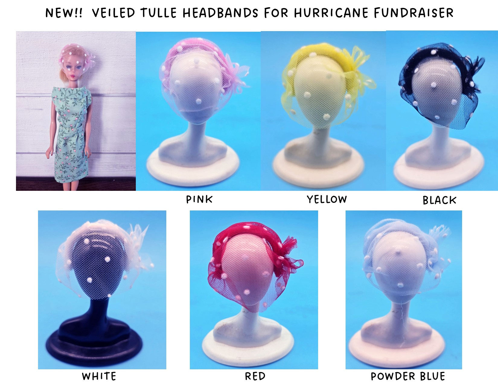 Hats Fit BARBIE Fashion Doll, Handmade DESIGNER VEILED TULLE HEADBANDS NEW!!