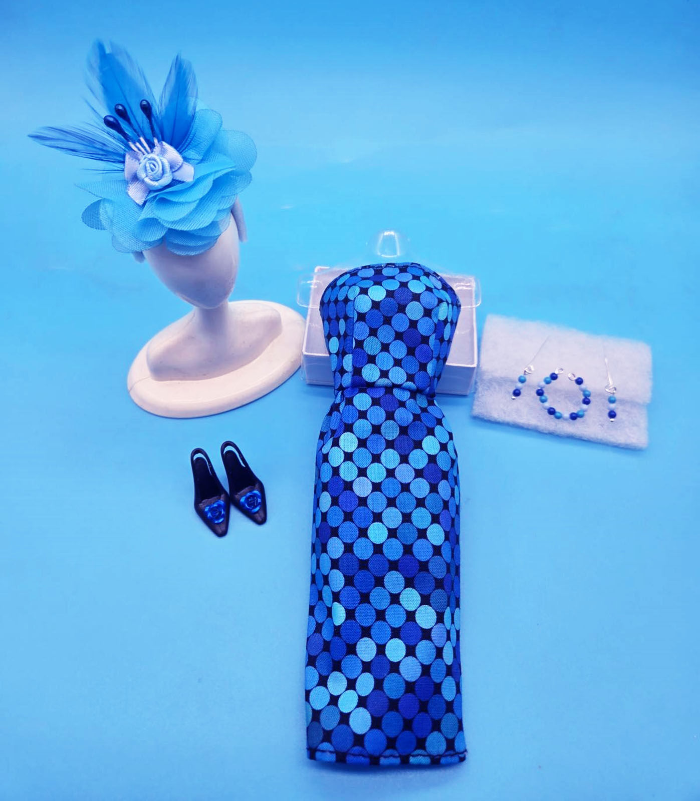 Fashion Dolls Designer OAK SHADES OF BLUE POLKA DOT SHEATH DRESS NEW!