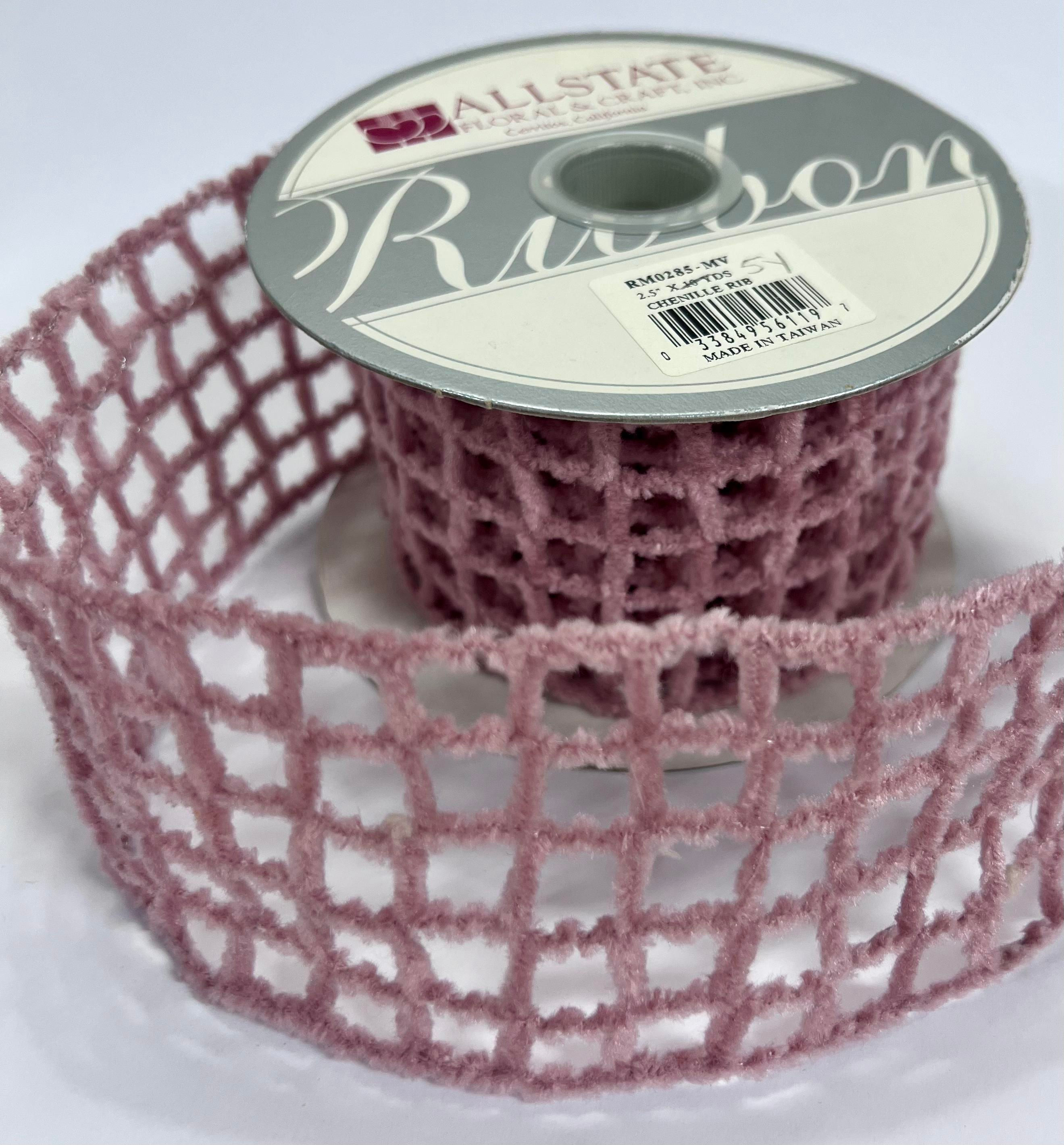 5-yds of 2.5 inch Wired Pink Chenille Net Ribbon