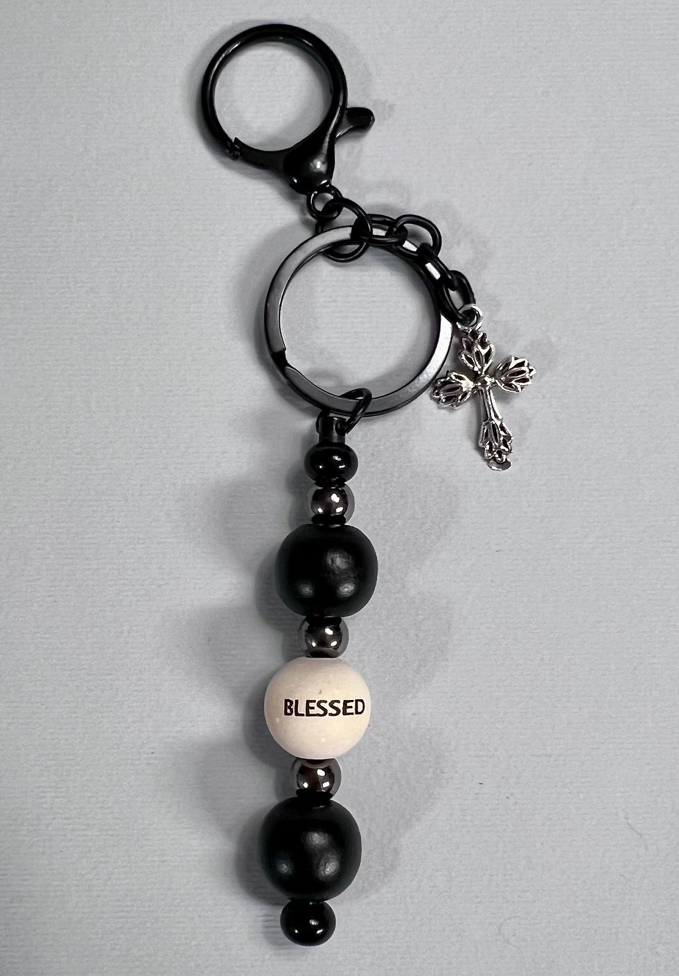 Thumbnail: Rose Gold or Black Metal Keychain Wooden Beads and Metal Charms