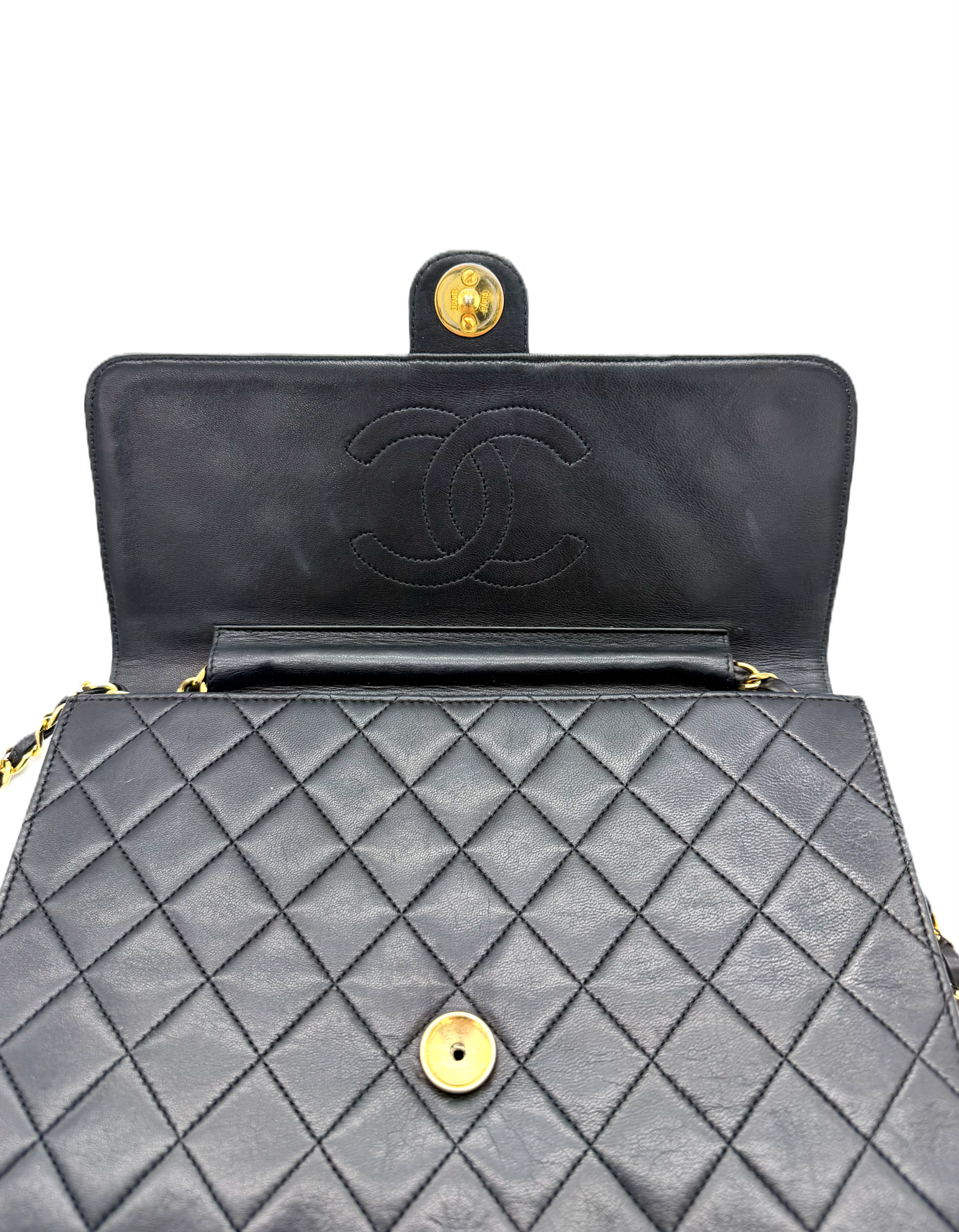Chanel Pin Clasp black calfskin gold hardware Vintage image 4