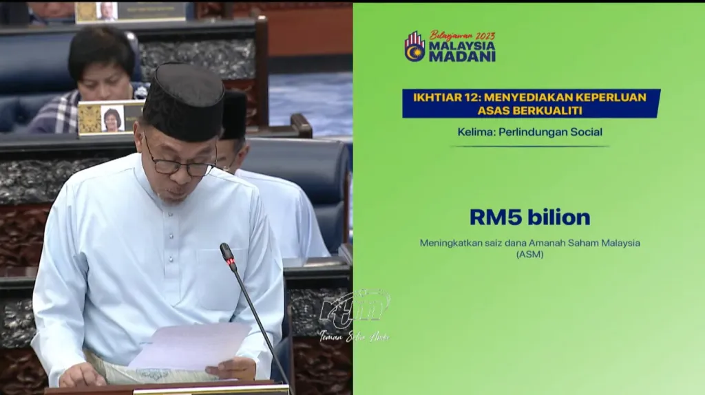Prime Minster Datuk Seri Anwar Ibrahim presenting the RM5 billion ASM allocation during the tabling of Budget 2023.