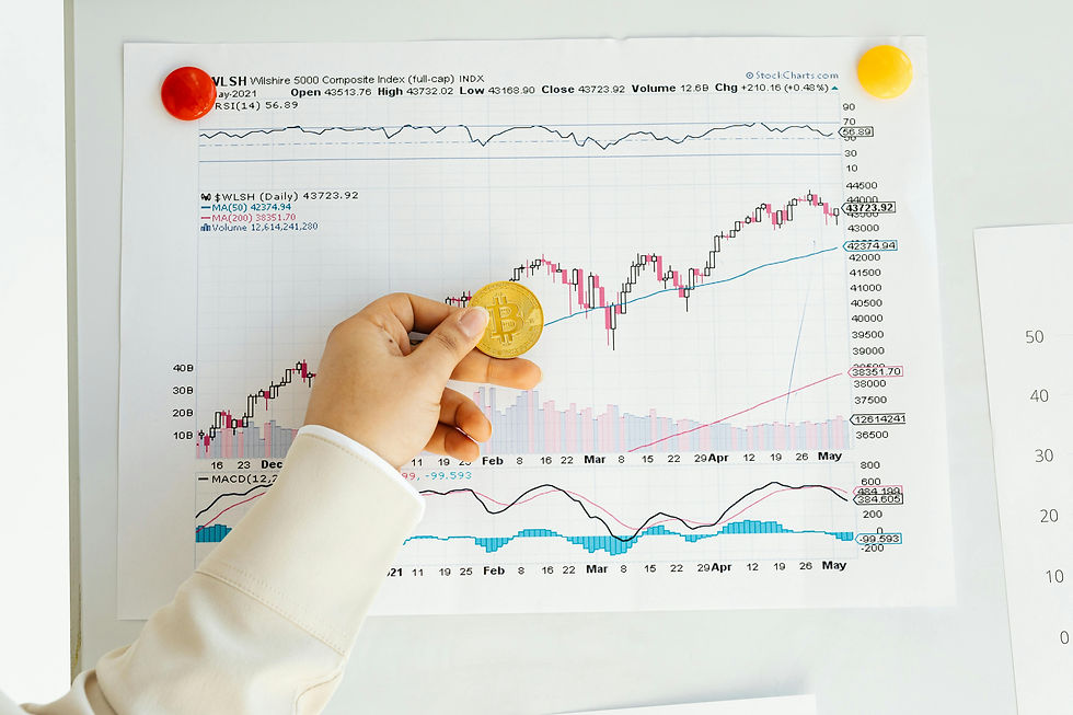 a hand holding a coin over a printed paper of a stock market graph