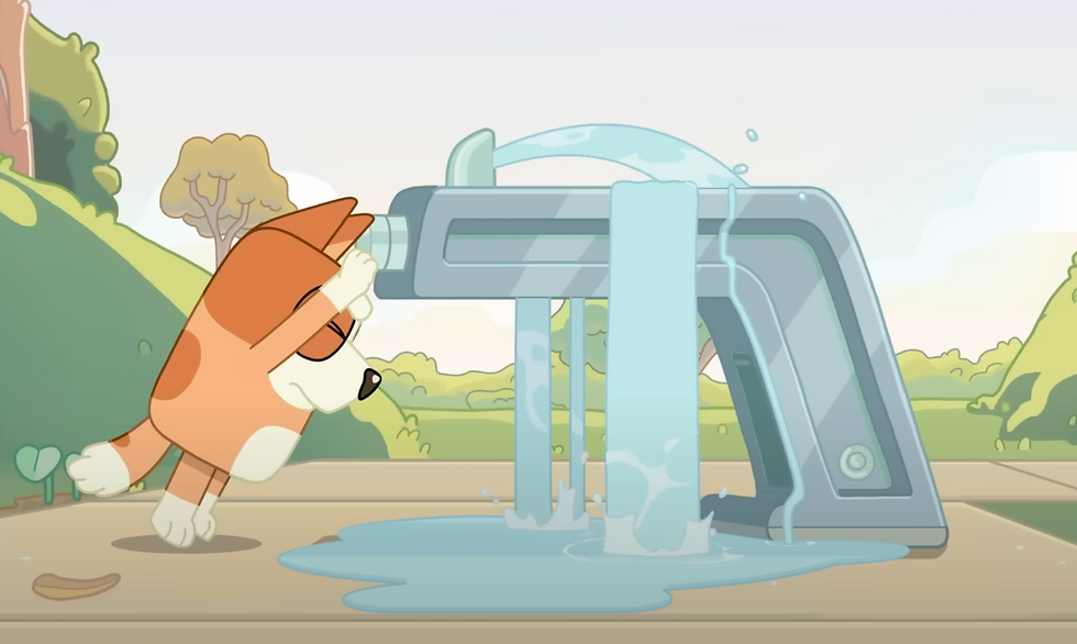 Bingo from the kids TV show Bluey leaning up against the button on a water fountain and causing the fountain to overflow.