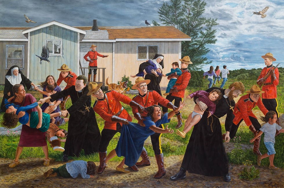 An artists rendition of Canadian Mounties and Church Officials taking children from an indigenous family. Members of the family are screaming as their child is taken from them. This painting represents a true event.