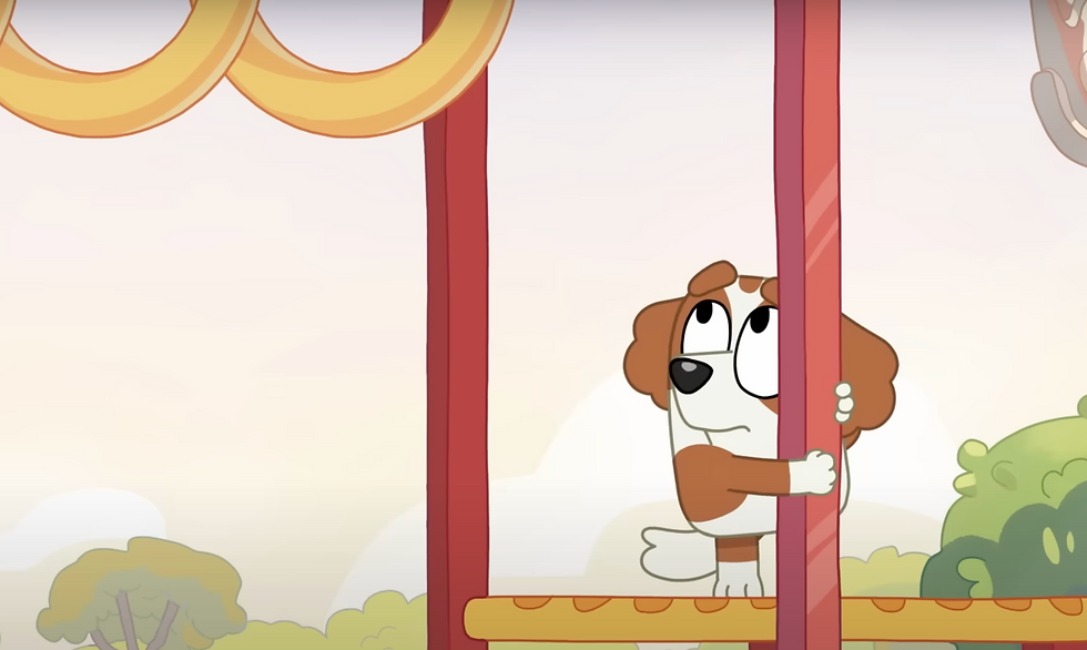 Bentley clasping a pole on the monkey bars, looking at the grab rings that are too far away.