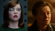 John/Jane, an intersex character played by Australian actress Sarah Snook, shown in two film stills. In the left still, Jane is sitting indoors, presenting femininely; she has shoulder-length ginger hair, light skin, and blue eyes, and is wearing red lipstick, black-rimmed glasses, and a green dress. In the right still, John is sitting indoors, presenting masculinely; he has short ginger hair, light skin, and blue eyes, and is wearing a coat over a collared shirt.