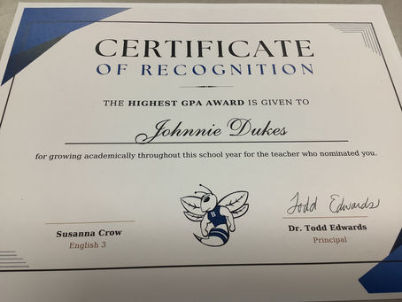 Congratulations Johnnie Dukes for receiving The HIGHEST GPA AWARD! 