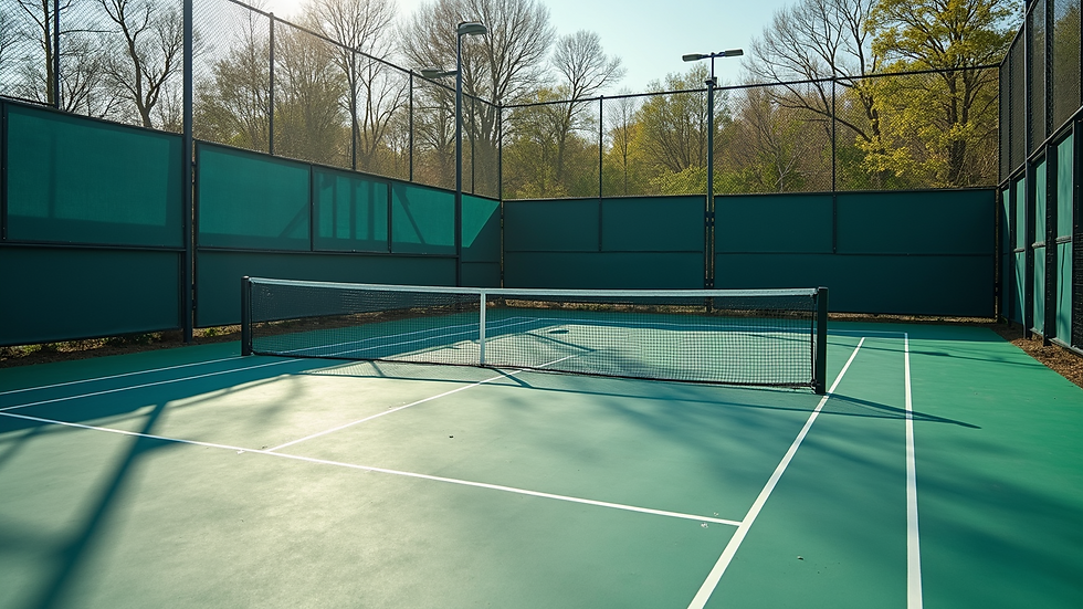 High angle view of tempered glass panels and metal fencing enclosing a padel court